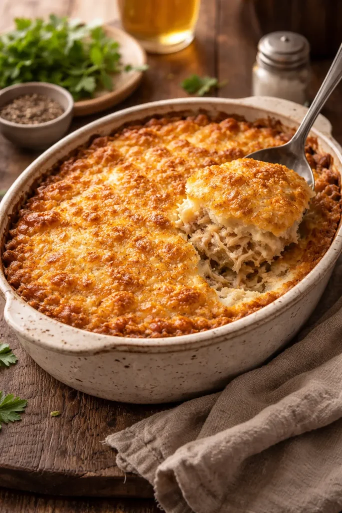 Acadian rappie pie in a rustic pan with golden crust