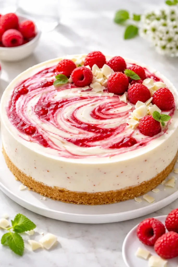 Creamy Raspberry White Chocolate Cheesecake with raspberry swirl