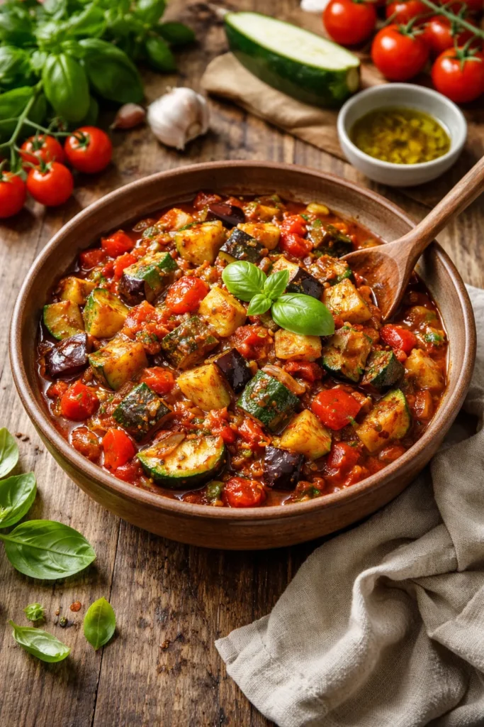 Chunky ratatouille with eggplant zucchini peppers and onions in a rustic bowl