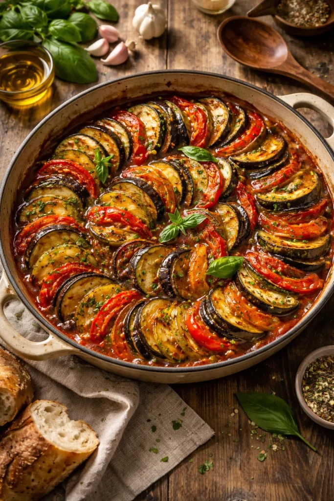 Colorful rustic ratatouille with layered vegetables in olive oil and herbs.