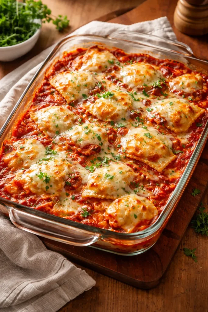 Close-up of bubbling ravioli lasagna in a glass baking dish with melted mozzarella