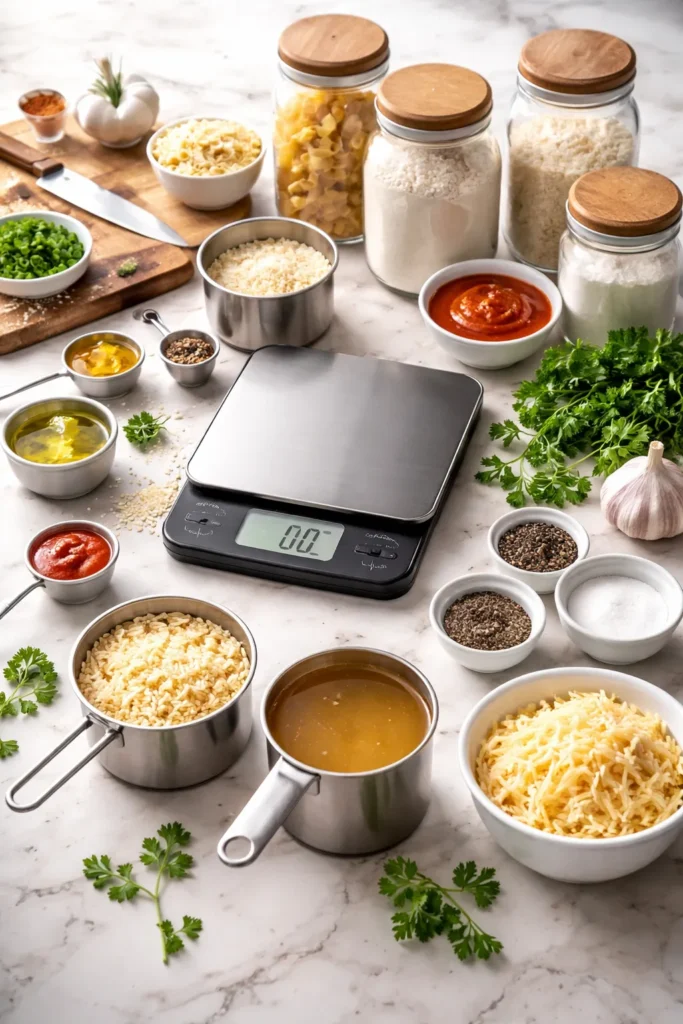 Measuring cups and scale on a kitchen counter illustrating scaling recipes