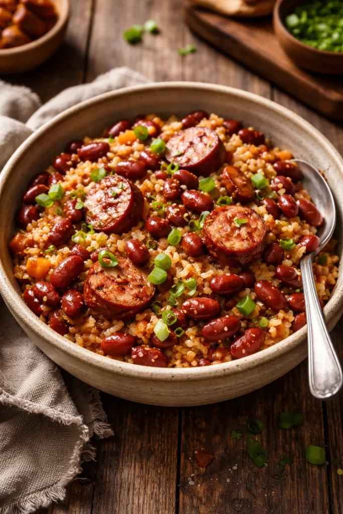 Close-up of a bowl of red beans and rice with kielbasa in a rustic ceramic bowl