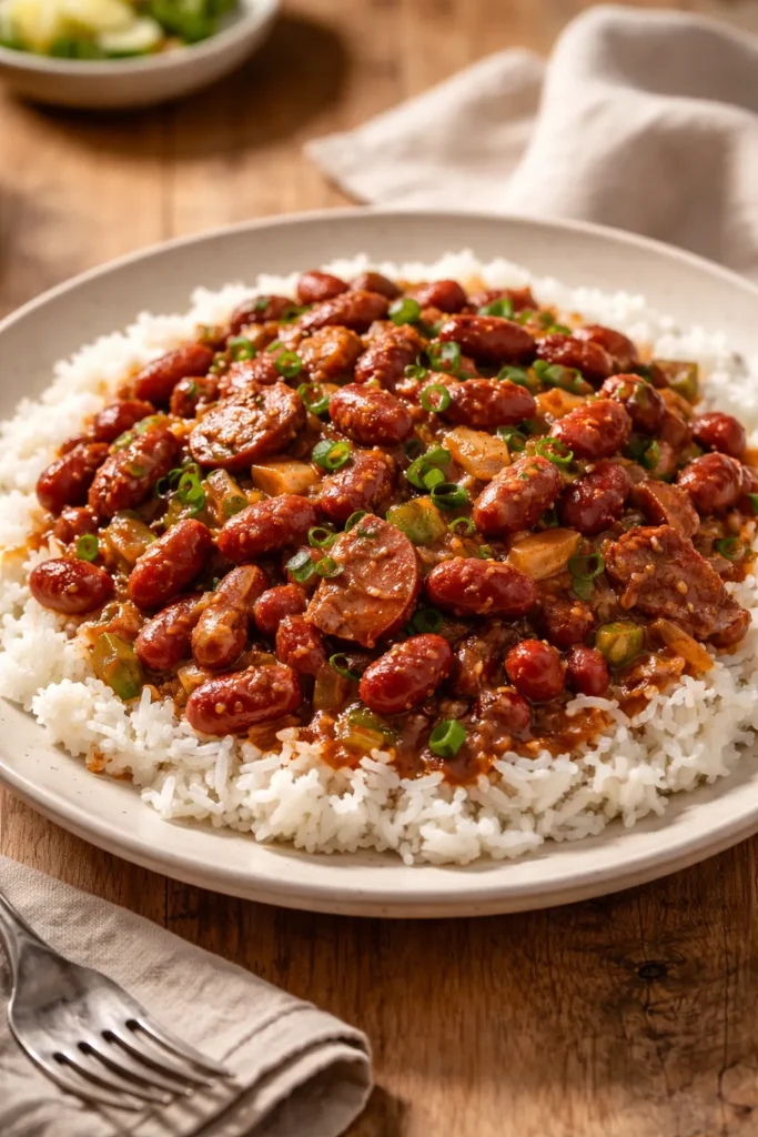 Red beans and rice in a bowl with thick sauce over white rice