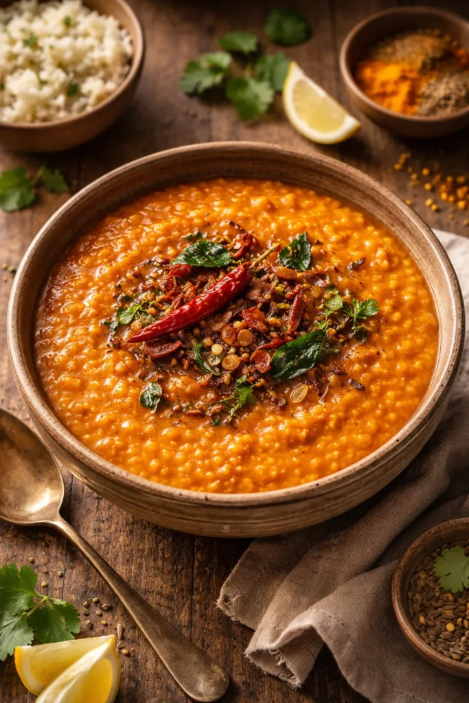 Red lentil dal in a rustic bowl with a glossy texture