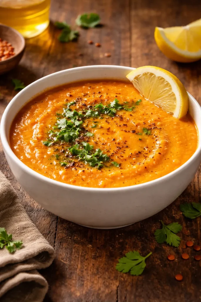 Close-up of red lentil soup in a white bowl with a lemon wedge on the rim on a rustic wooden table