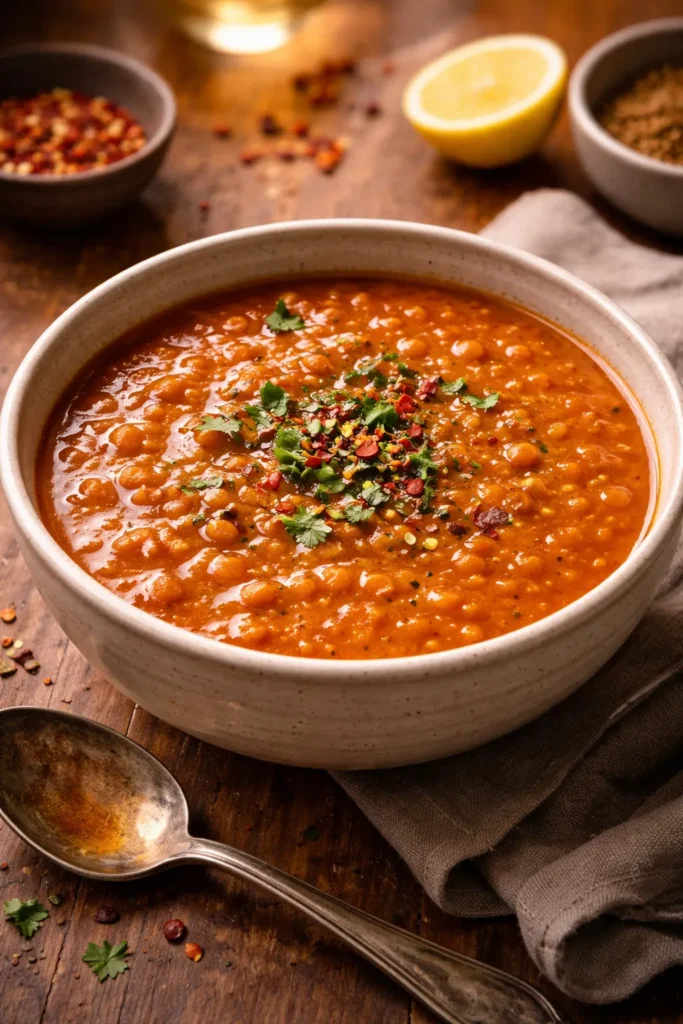 Spicy red lentil soup with visible lentils in a bowl.