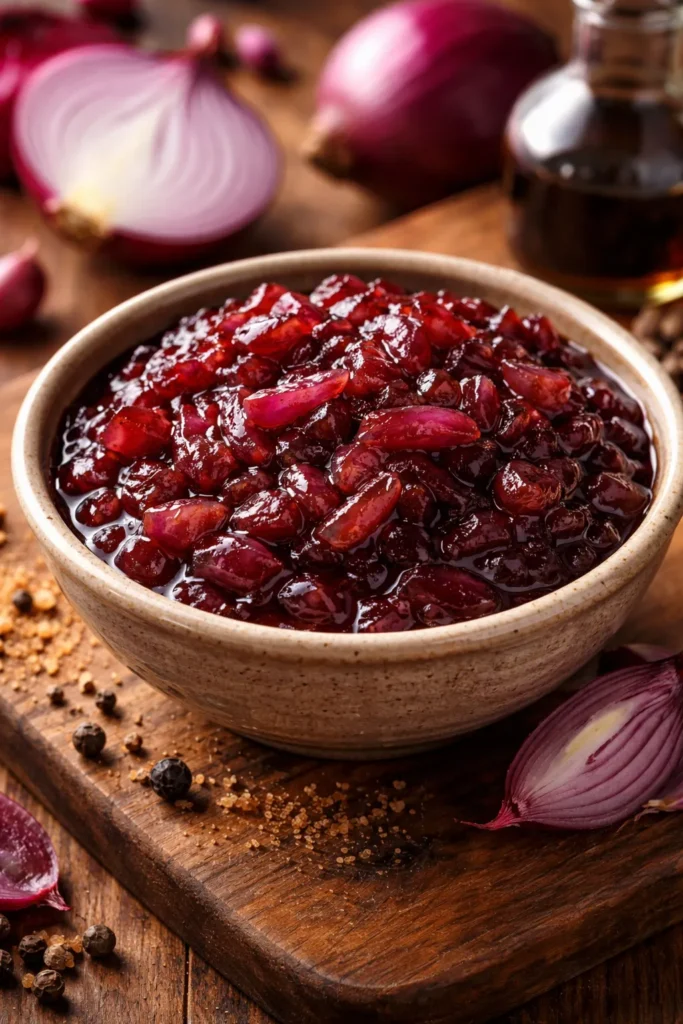 Deep red onion chutney in a bowl with caramelized texture
