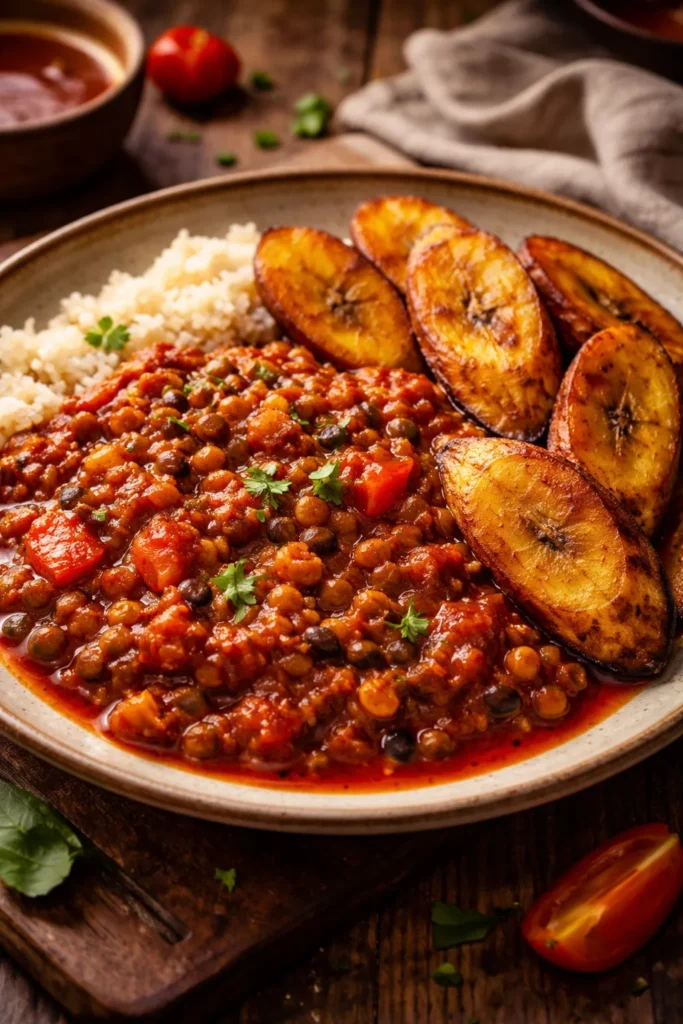 Red Red Ghanaian bean stew with fried plantains
