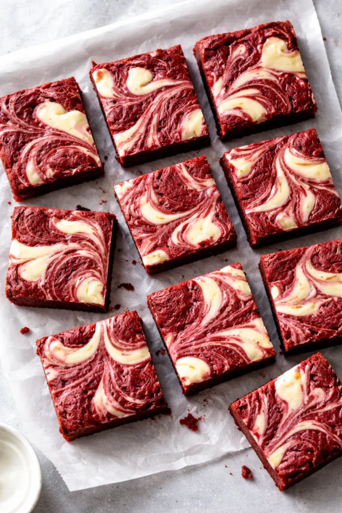 Red velvet cheesecake brownies marbled with white swirls