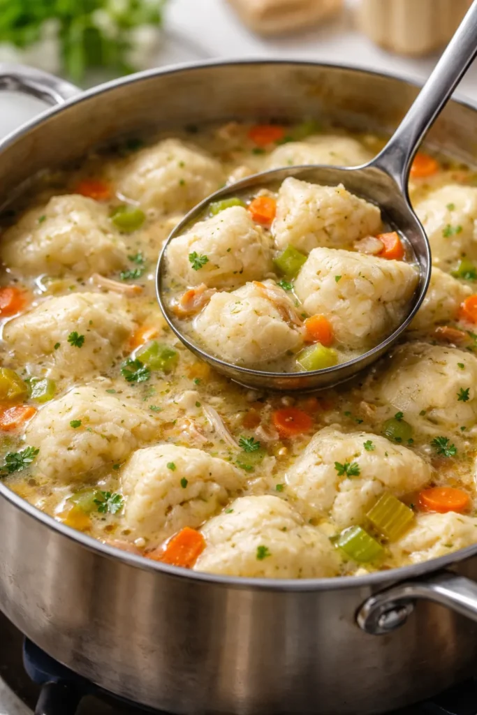 Quartered refrigerated biscuits cooking as dumplings in broth