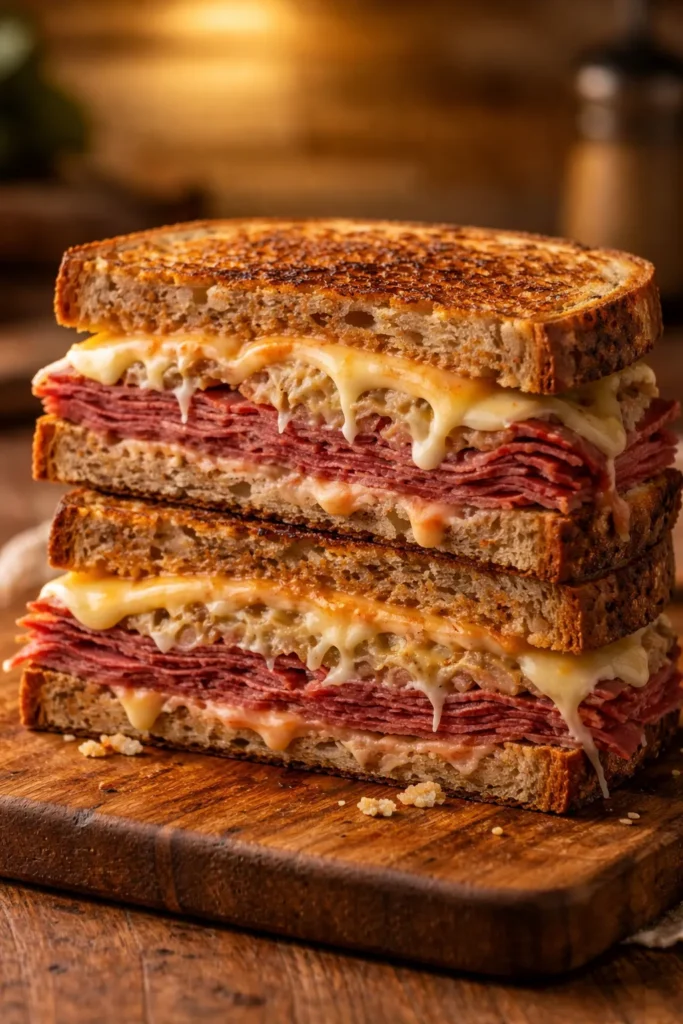 Classic Reuben sandwich cross-section with corned beef, sauerkraut, Swiss on seeded rye