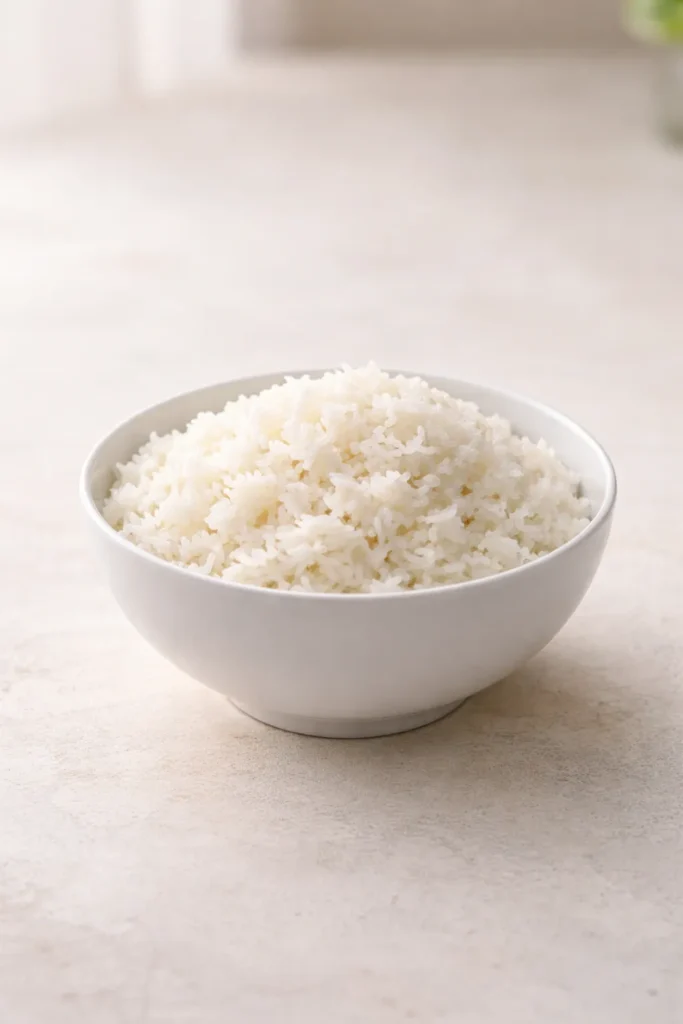 Pristine bowl of fluffy white rice on a neutral surface