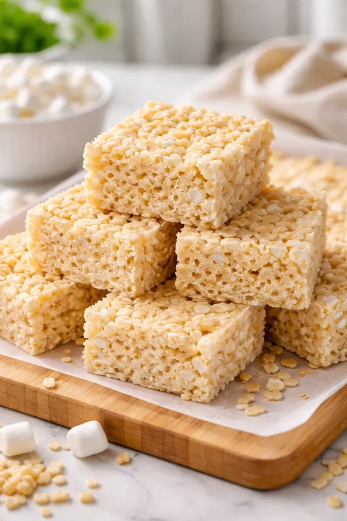 Close-up of no-bake Rice Krispie treats stacked on a wooden board
