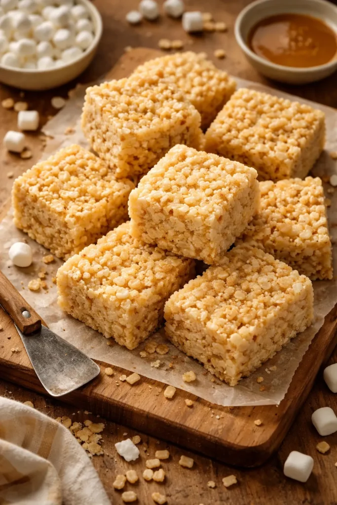 Rice Krispie treats with browned butter cut into squares on a wooden board