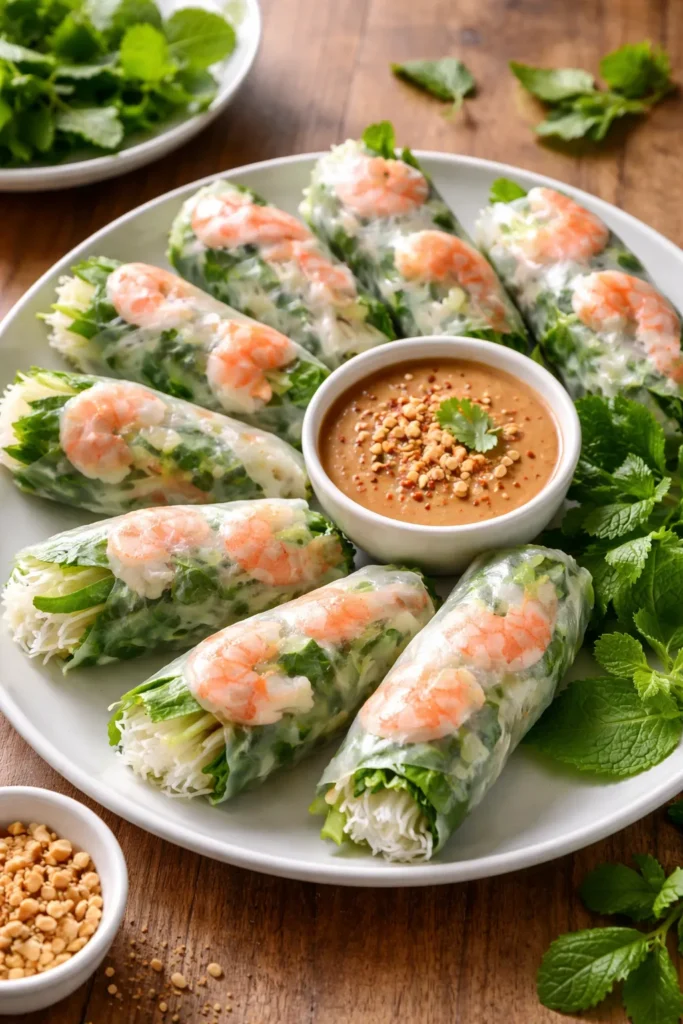 Rice paper rolls with peanut dipping sauce