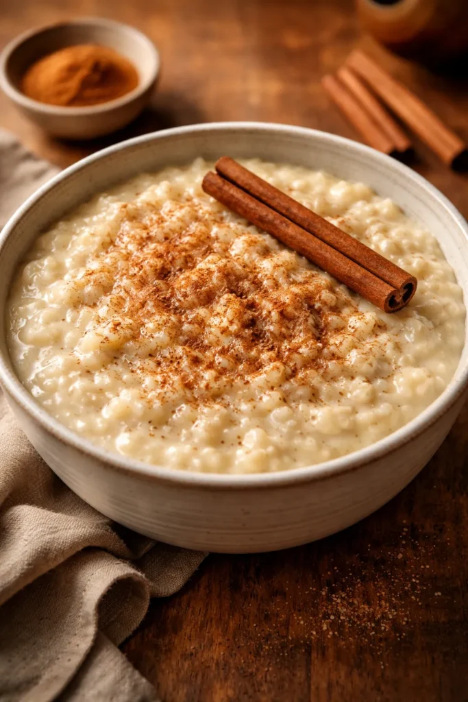 Creamy stovetop rice pudding in a bowl with a cinnamon stick.