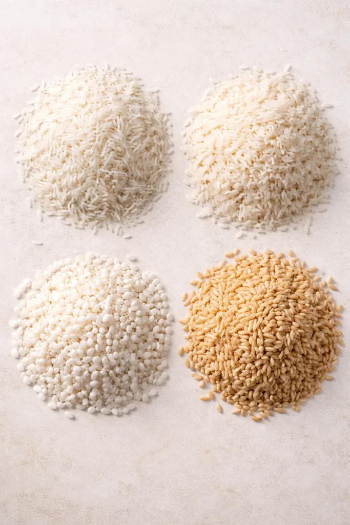Four piles of rice varieties: long-grain white, jasmine, short-grain white, brown on a plain surface