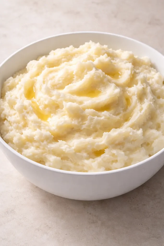 Close-up of airy, snow-drift mashed potatoes created with a potato ricer.