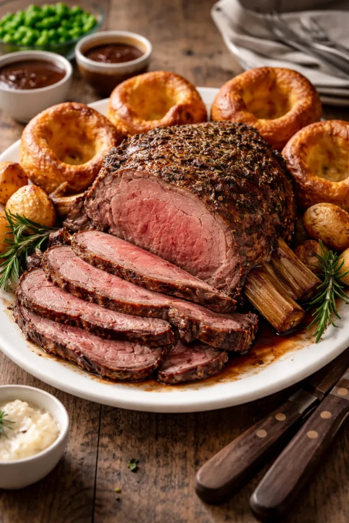 Roast beef centerpiece with Yorkshire puddings on a plate, warm natural light
