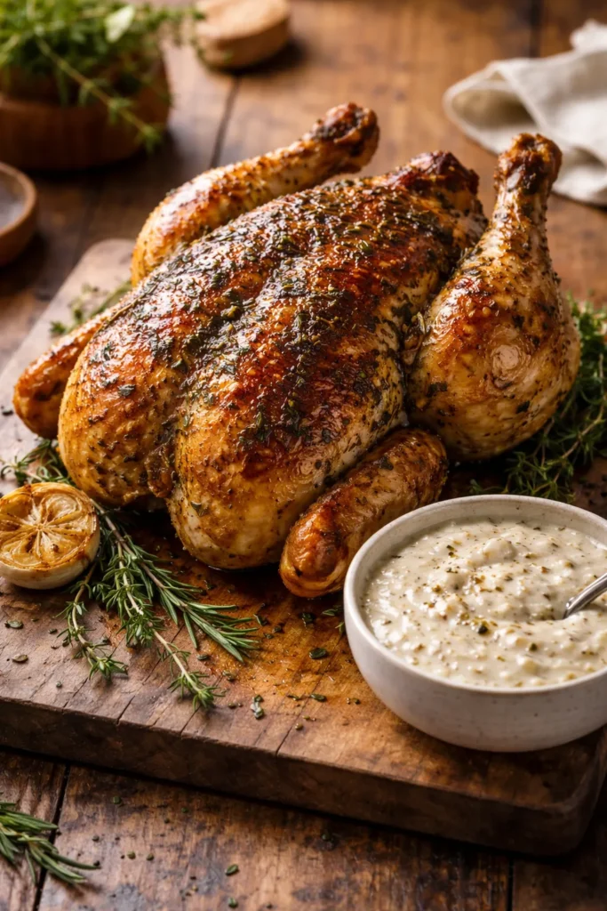 Herb-roasted chicken with bread sauce on a cutting board