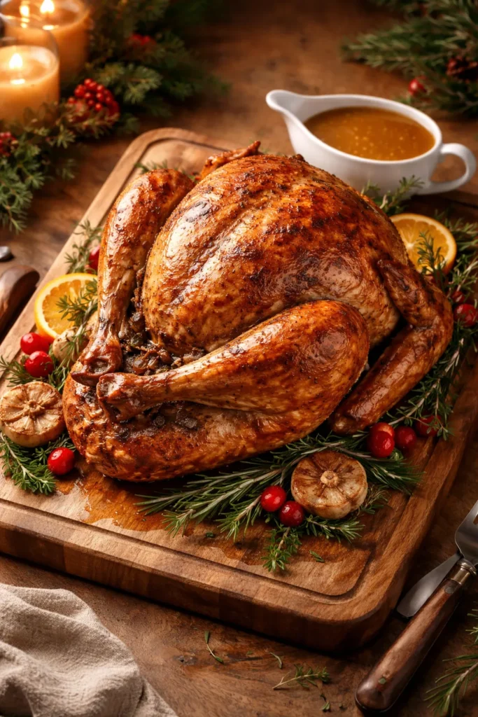 Golden roast turkey with pan gravy on carving board