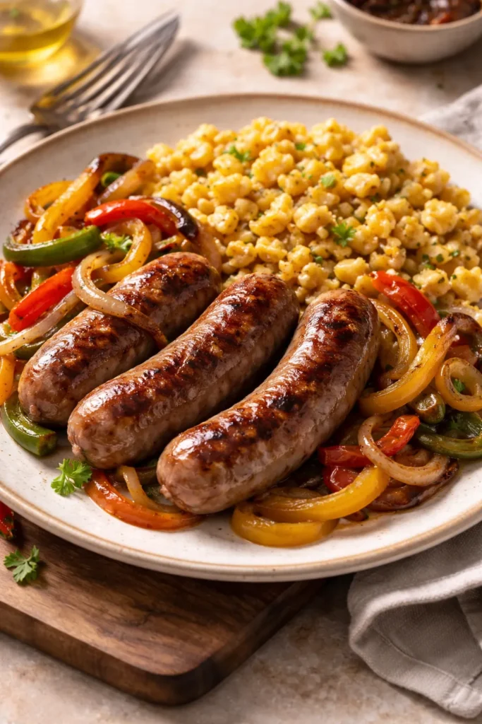 Roasted bratwurst with peppers, onions and golden spaetzle on a plate.