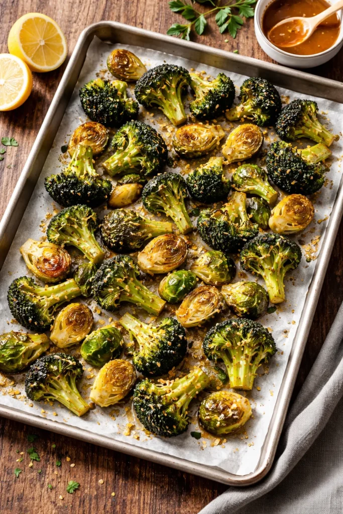 Honey Dijon lemon glaze on roasted broccoli and Brussels sprouts