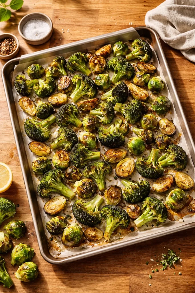 Roasted broccoli and Brussels sprouts on a parchment-lined sheet pan with caramelized edges