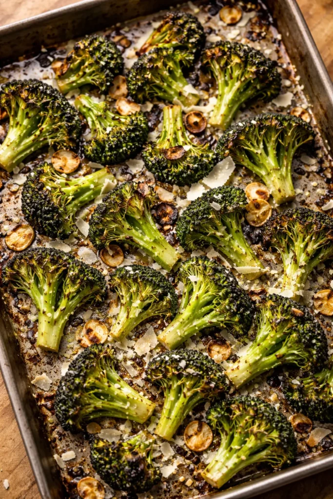 Roasted broccoli with garlic and Parmesan on a pan