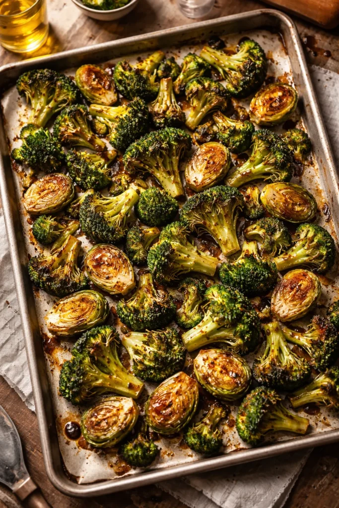 Close-up of crispy roasted Brussels sprouts and broccoli with balsamic glaze