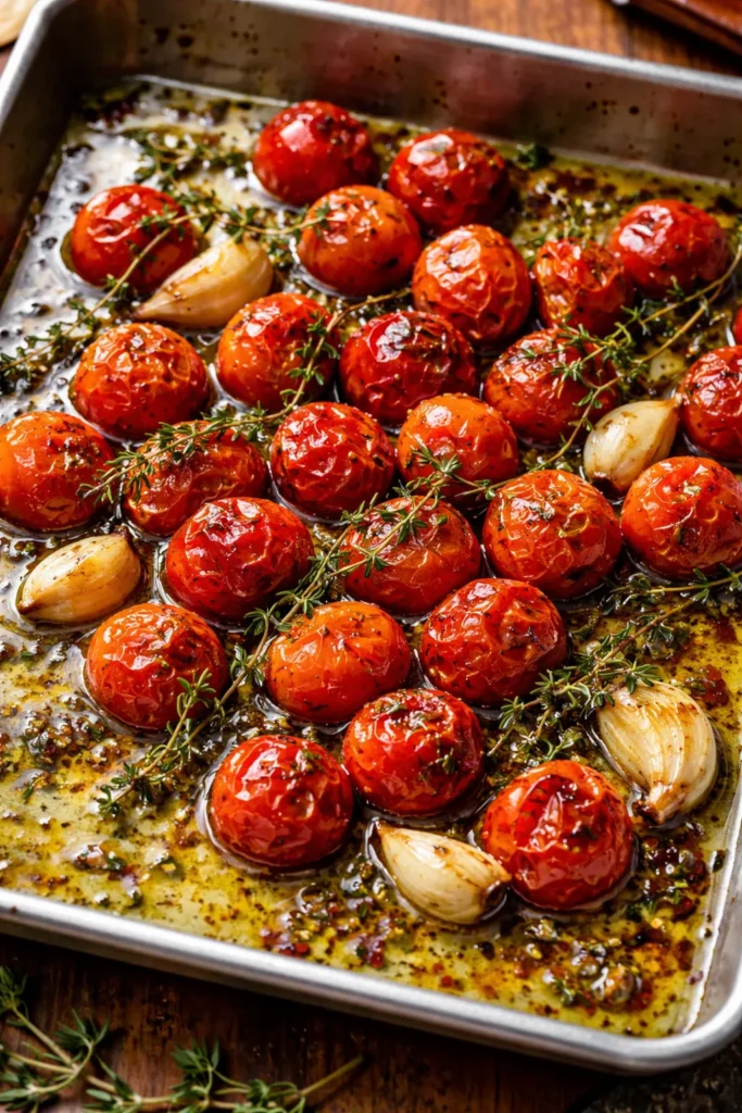 Close-up of glossy roasted cherry tomatoes with garlic and thyme on a sheet pan