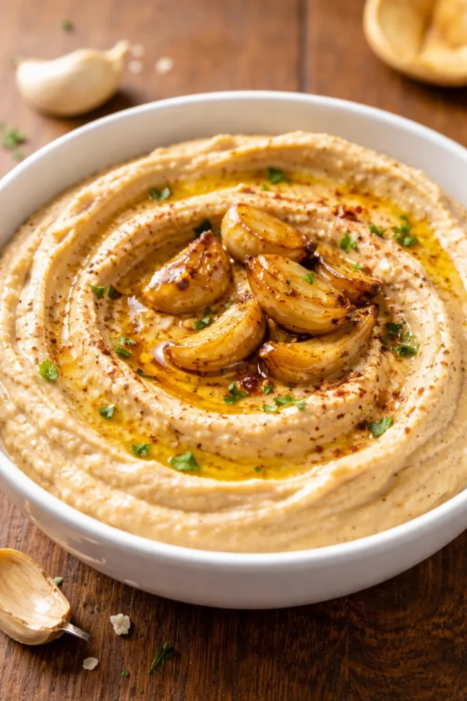 Roasted garlic hummus with a garlic swirl in a white bowl