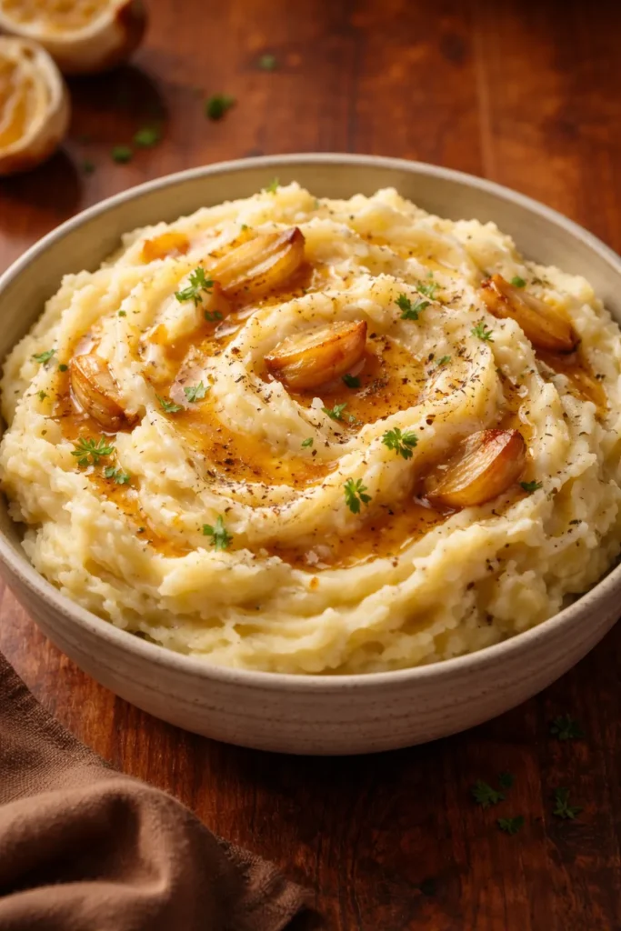 Creamy mashed potatoes with roasted garlic and brown butter tones.