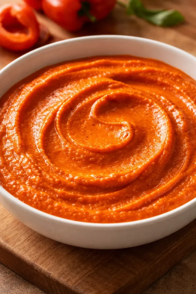 Vibrant roasted red pepper hummus in a white bowl