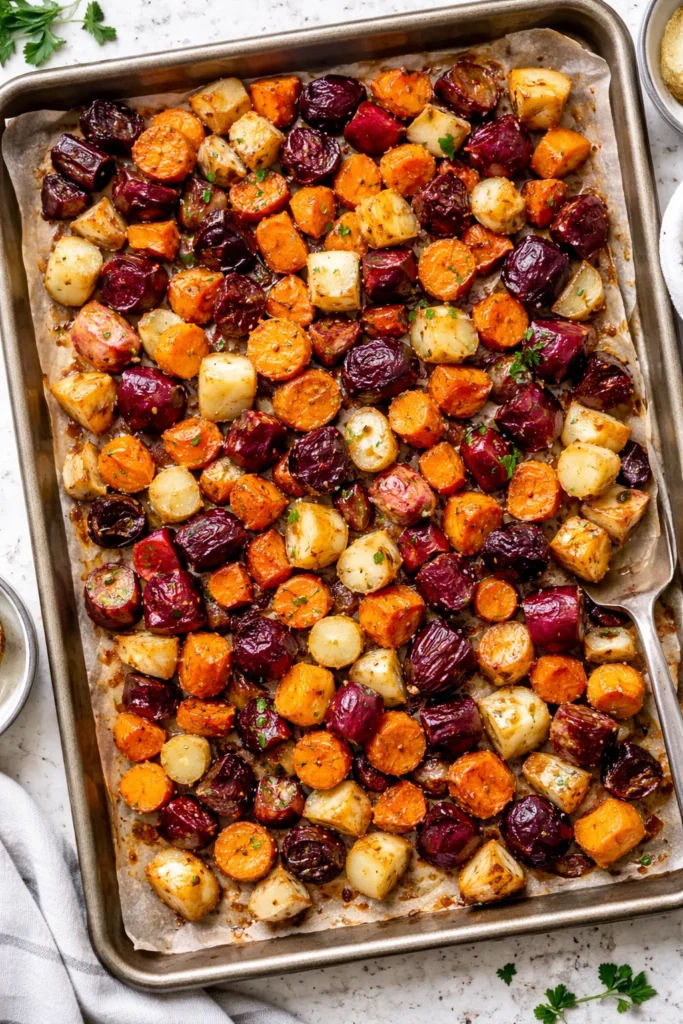 Colorful roasted root vegetables with tangy dressing