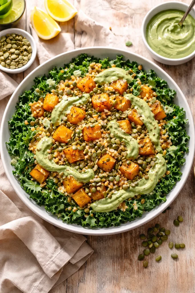 Kale salad with roasted squash, farro, pepitas and avocado dressing