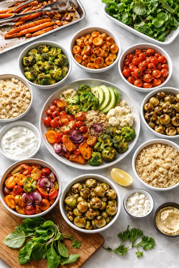 Assorted roasted vegetables arranged for weekly meal planning