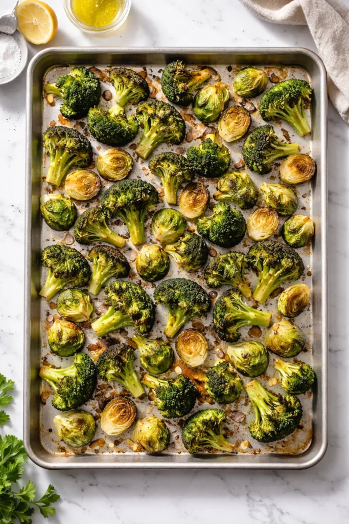 Single-layer roasted broccoli and Brussels sprouts on a sheet pan