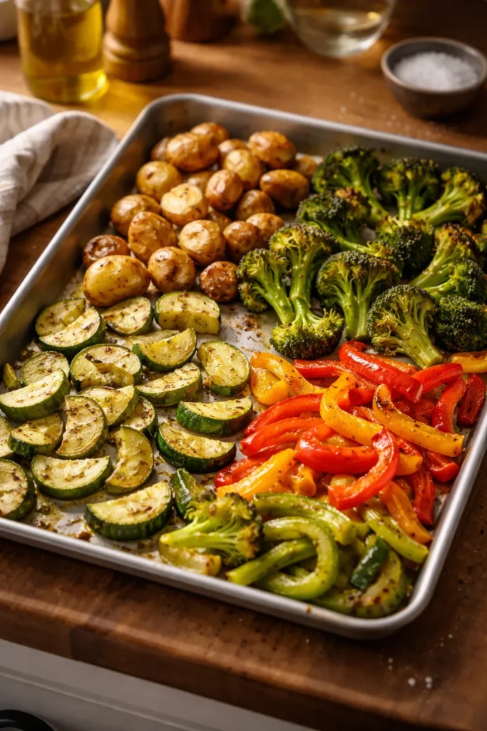 Mixed vegetables on sheet pan with varied browning indicating staggered cooking times