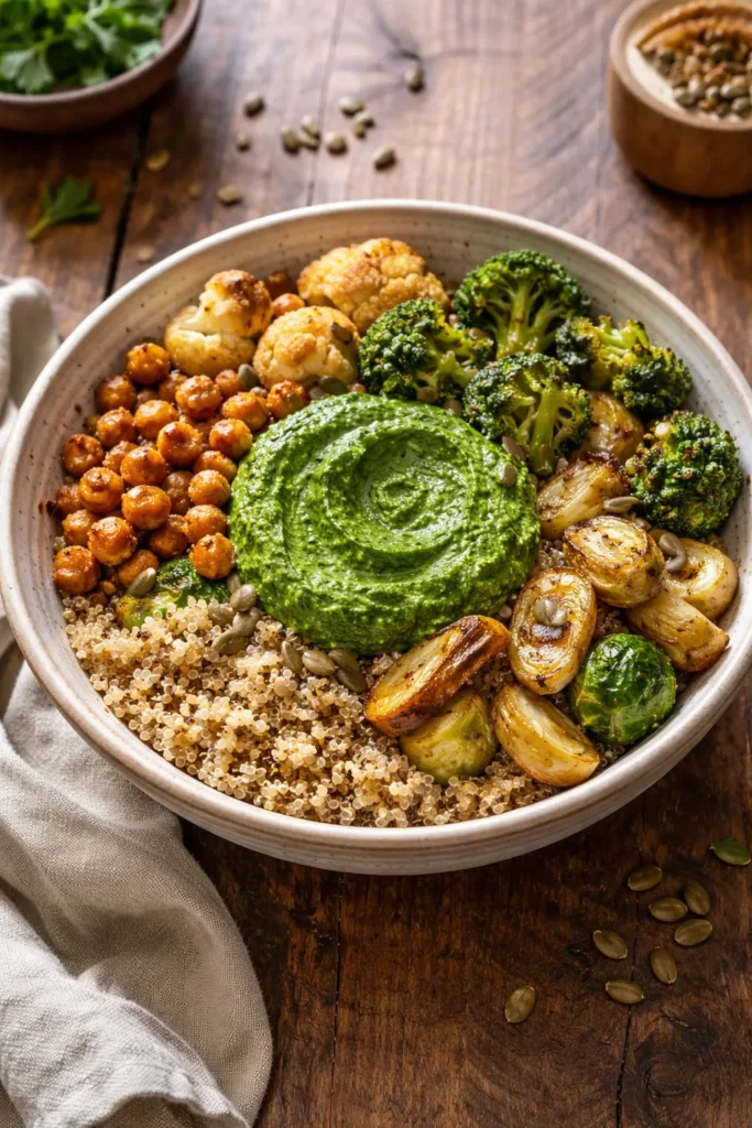 Roasted veggie bowl with quinoa base, roasted vegetables and kale pepita pesto