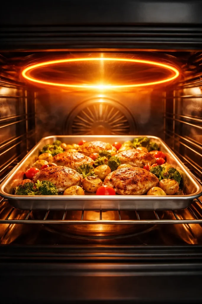 Stylized oven scene conveying heat and timing cues without numbers