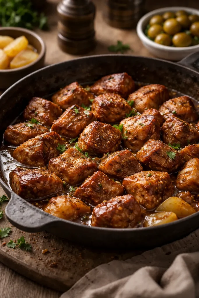Caramelized rojões pork chunks on a plate