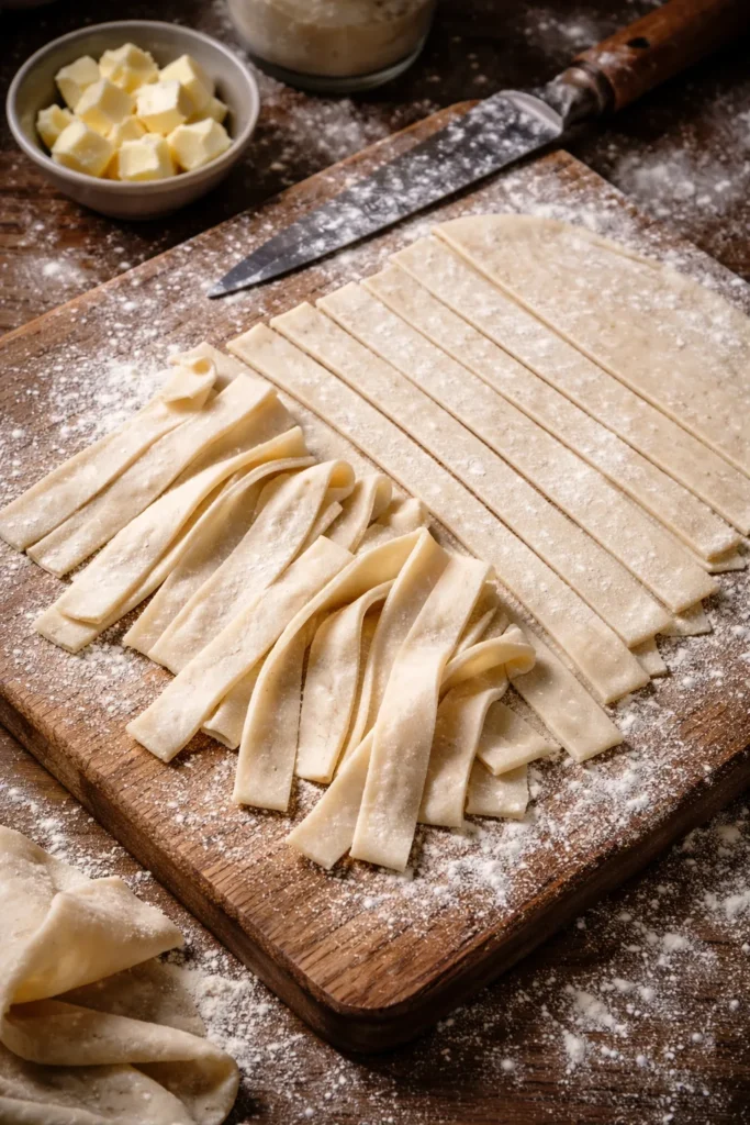 Rolled dumplings cut into strips on a floured surface