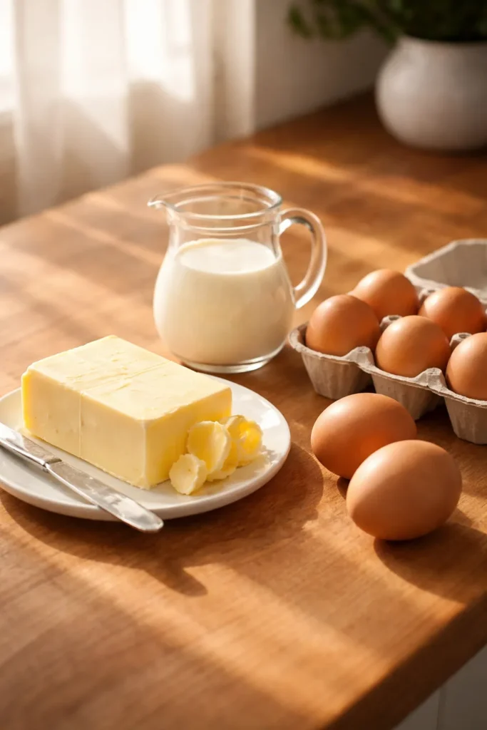 Room temperature dairy and butter on a sunlit counter