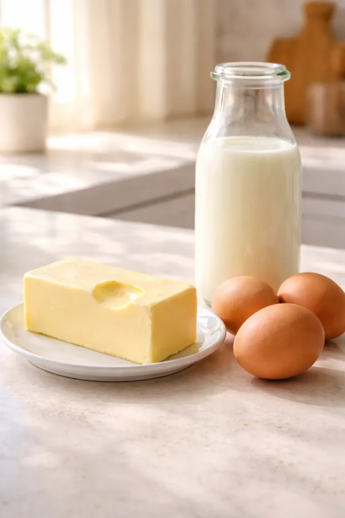 Butter, eggs, and buttermilk at room temperature on counter