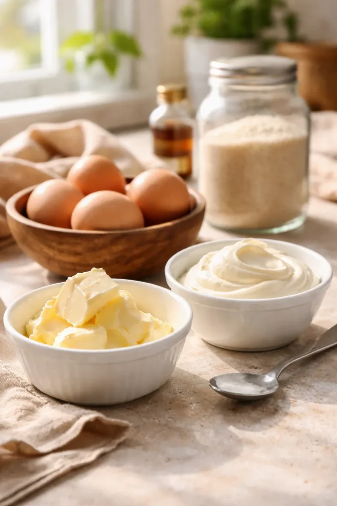 Room-temperature butter, eggs, and sour cream arranged on a kitchen counter