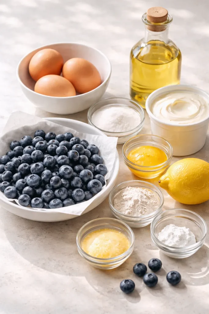 Room-temperature eggs yogurt lemon and oil arranged for baking