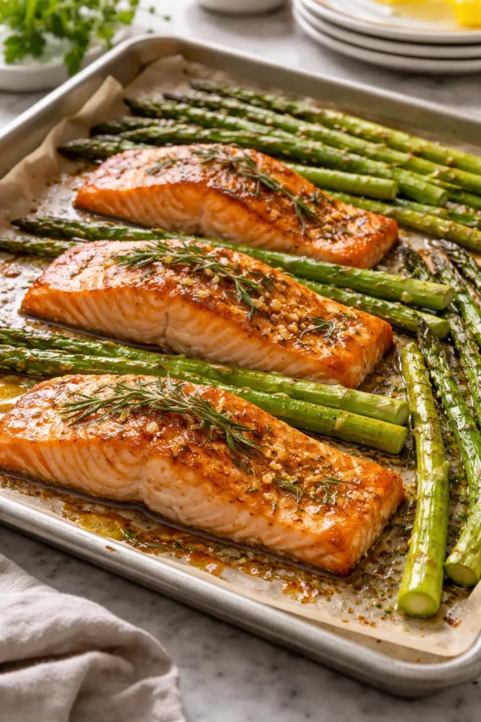 Rosemary glazed salmon with roasted asparagus on parchment-lined sheet pan