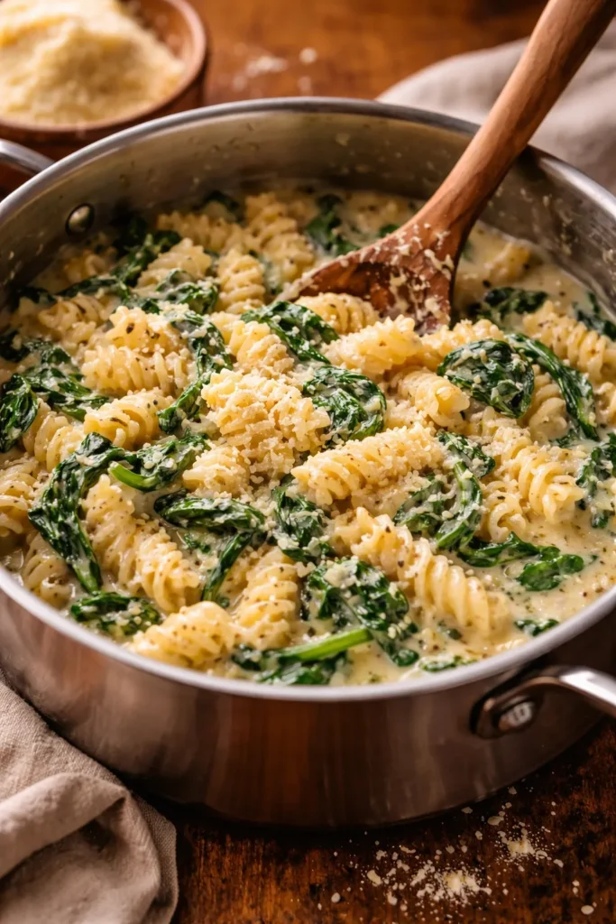 Creamy parmesan rotini with spinach cooking in one pot